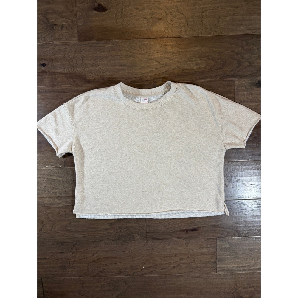 Secret Treasures‎ Womens L 12-14 Short Sleeve Sweatshirt Beige Boxy Raw Hem Crew